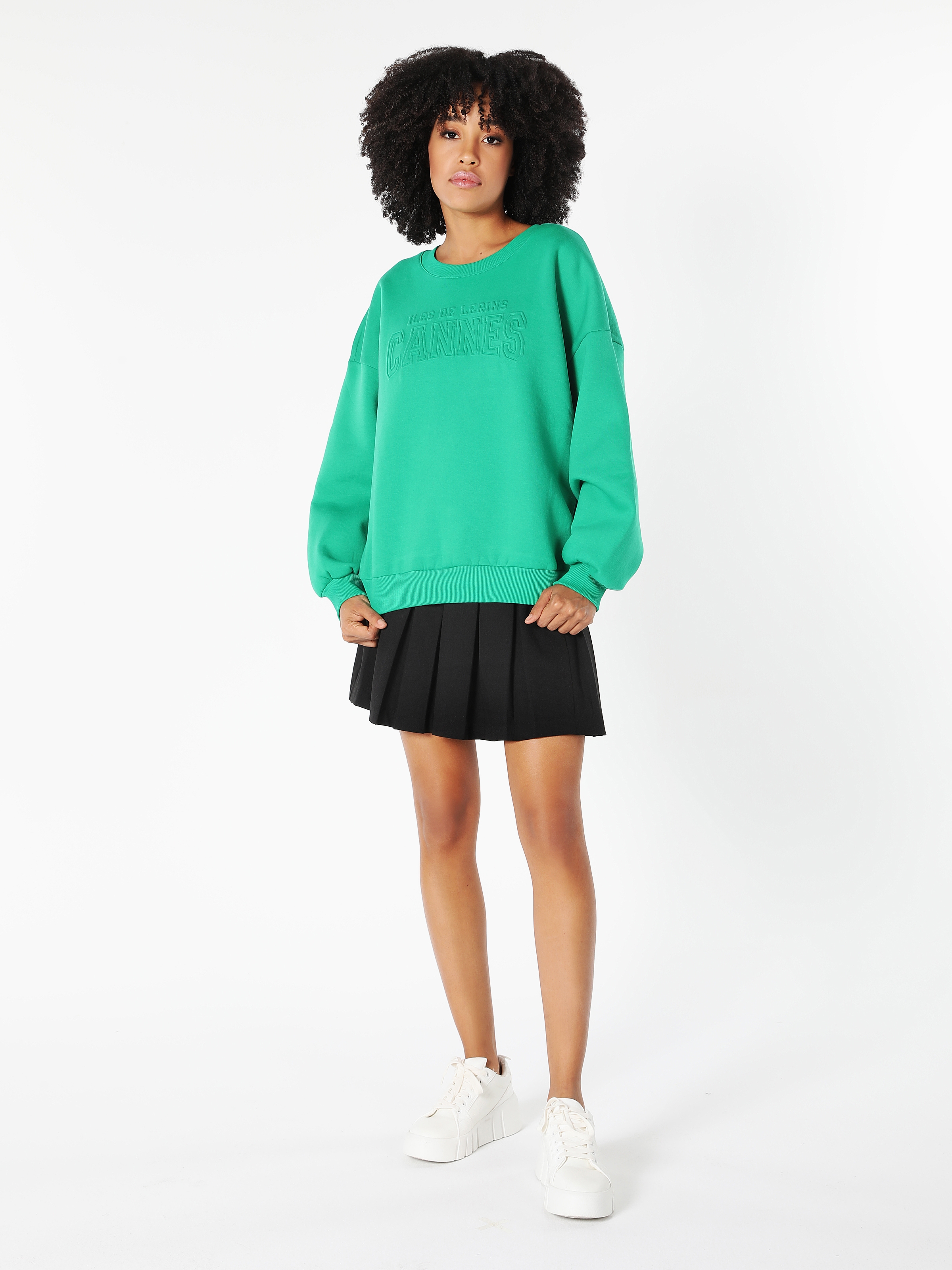 Comfort Fit Baskılı Yeşil Kadın Sweatshirt