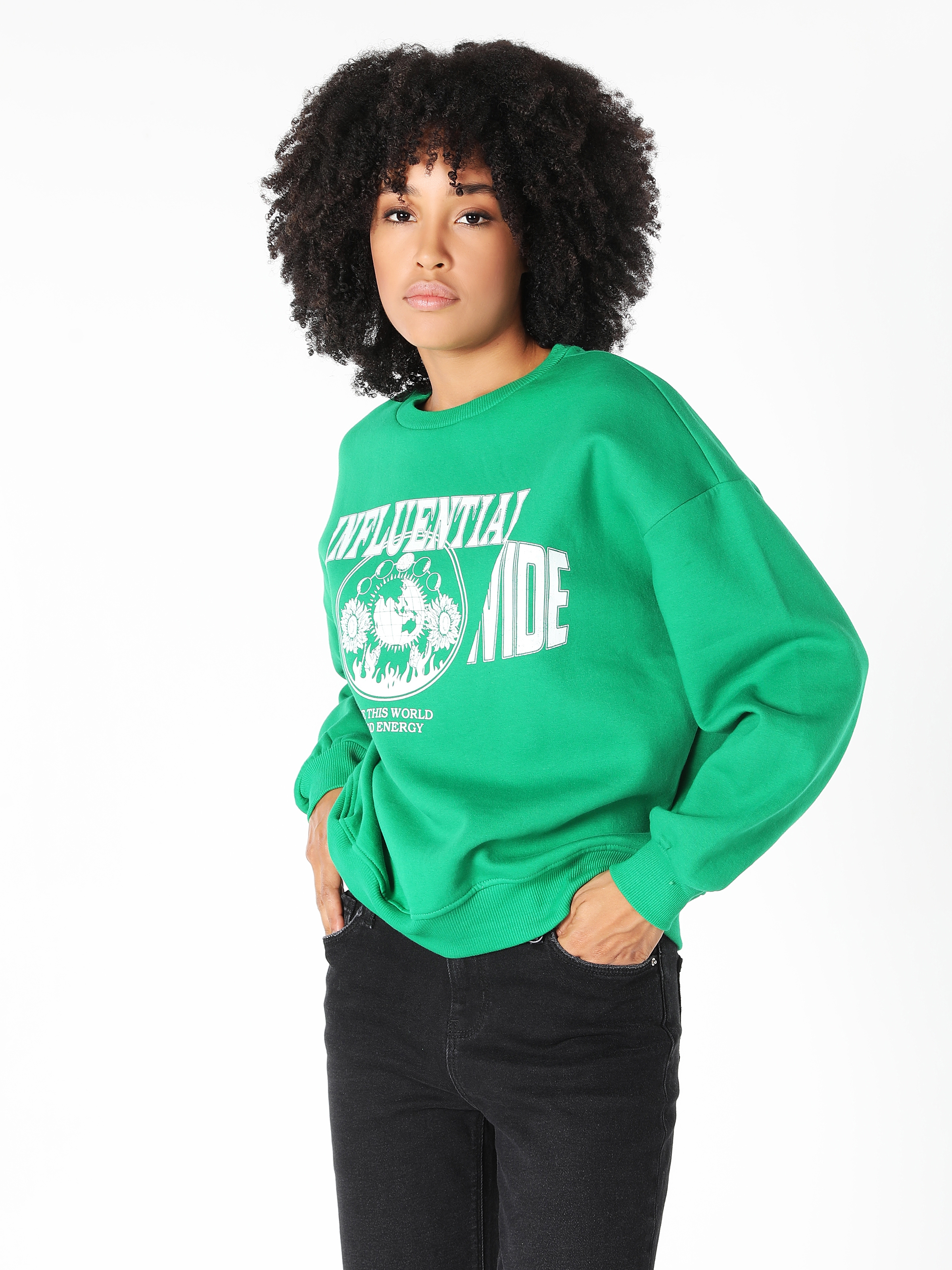 Regular Fit Baskılı Yeşil Kadın Sweatshirt Cl1060209