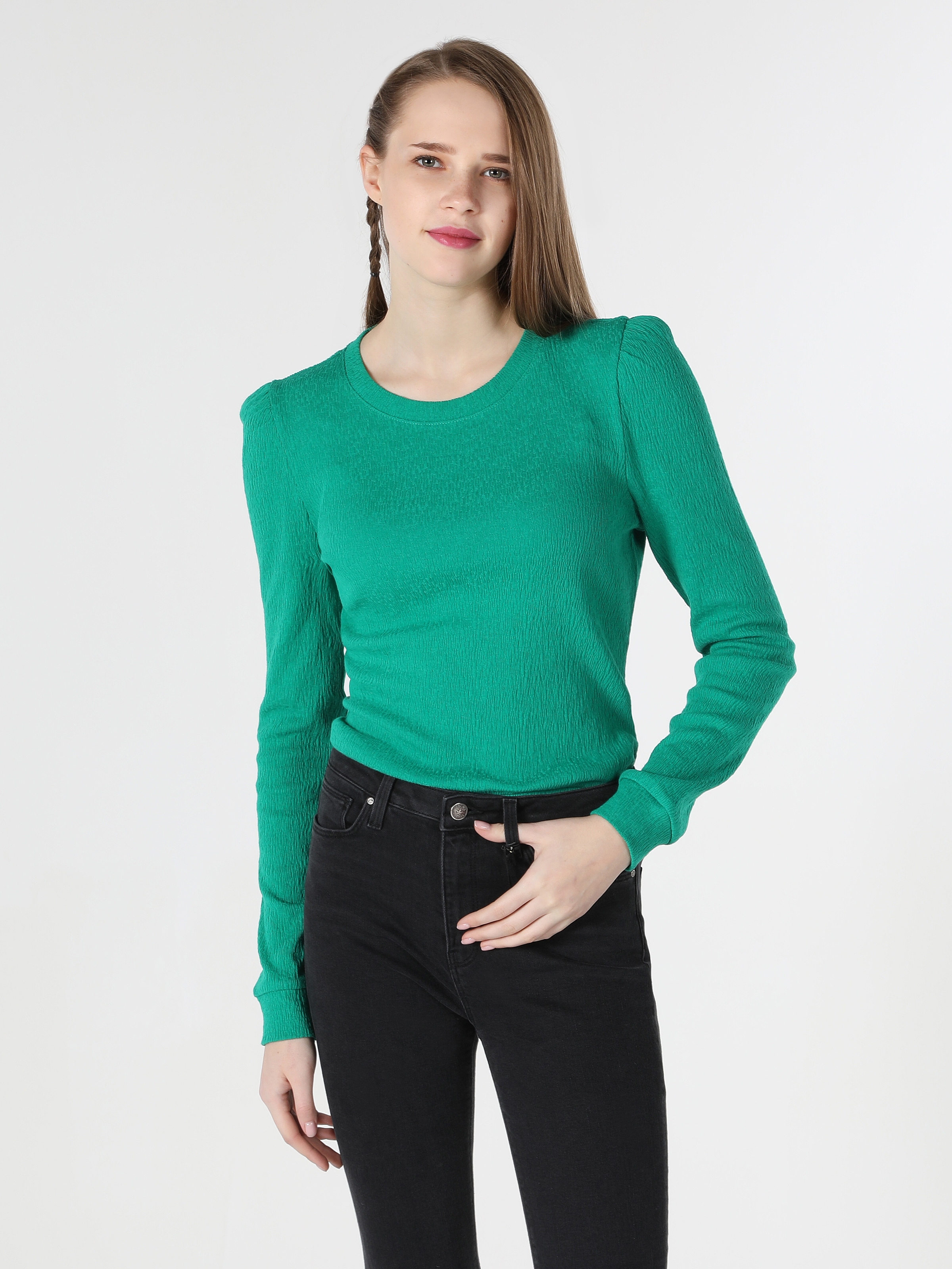 Slim Fit Yeşil Kadın Uzun Kol Tişört Cl1061930