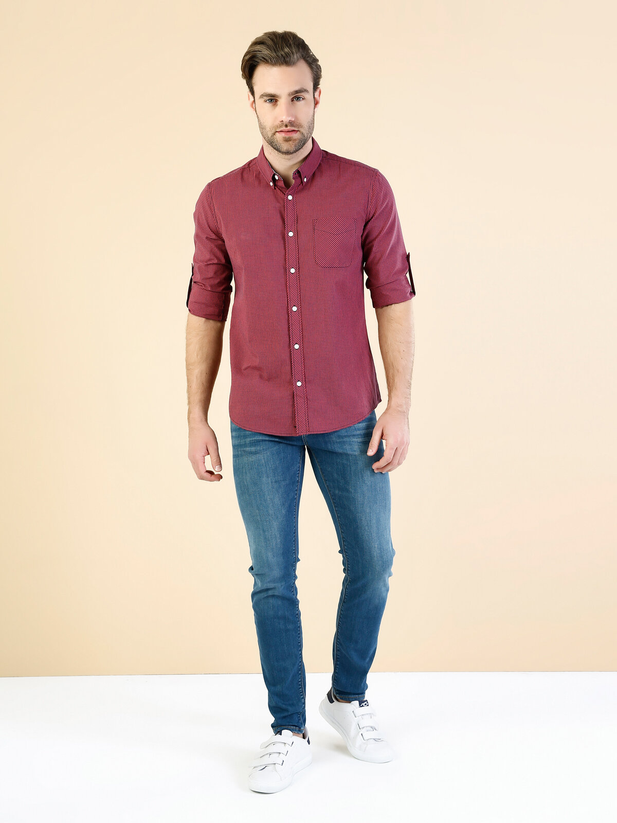 Colins Men Modern Fit Red Long Sleeve Shirt Colins Men Modern Fit Red Long Sleeve Shirt
