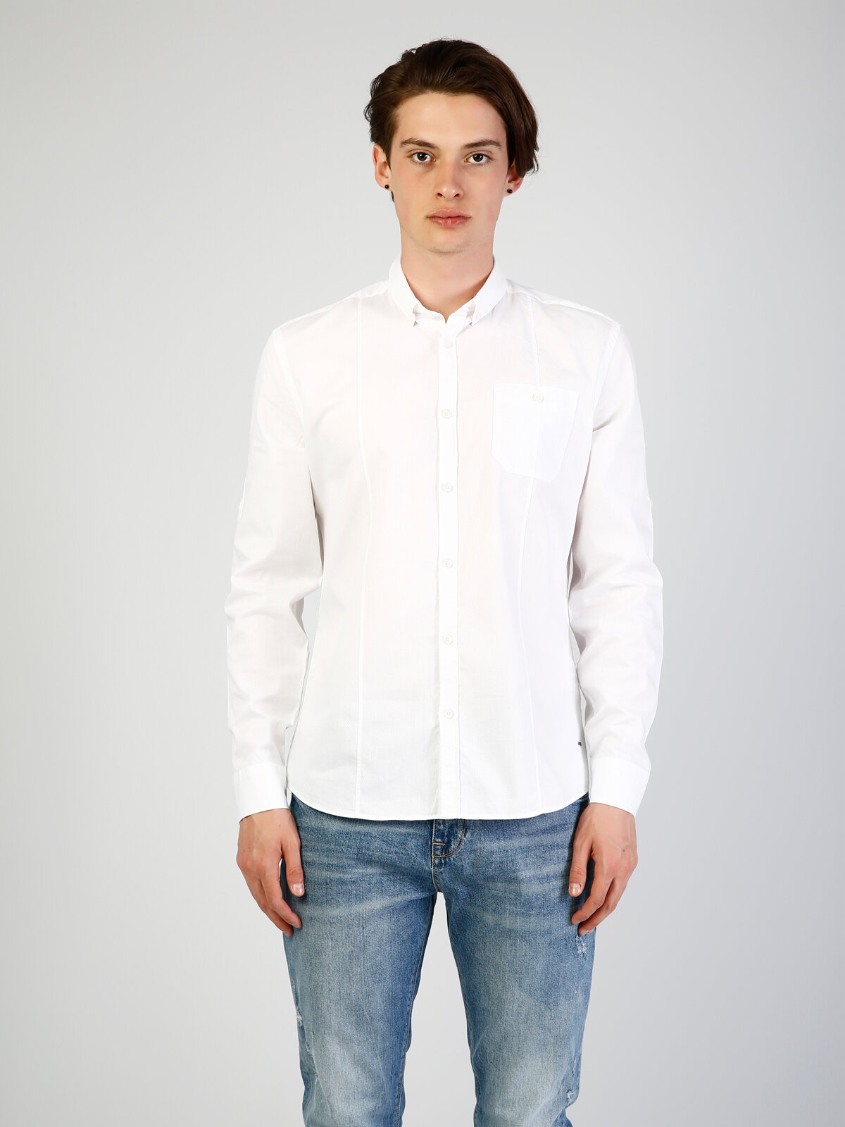 Colins Modern Fit Shirt Neck Erkek Beyaz Uzun Kol Gömlek. 4