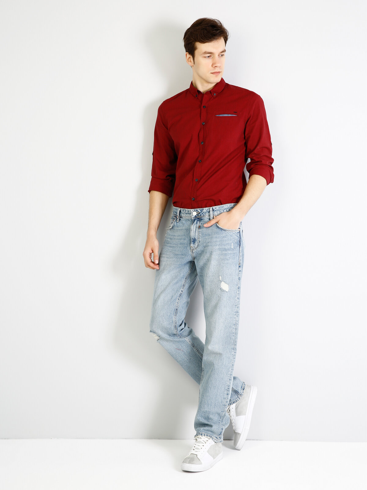Colins Modern Fit Shirt Neck Erkek Kırmızı Uzun Kol Gömlek. 3
