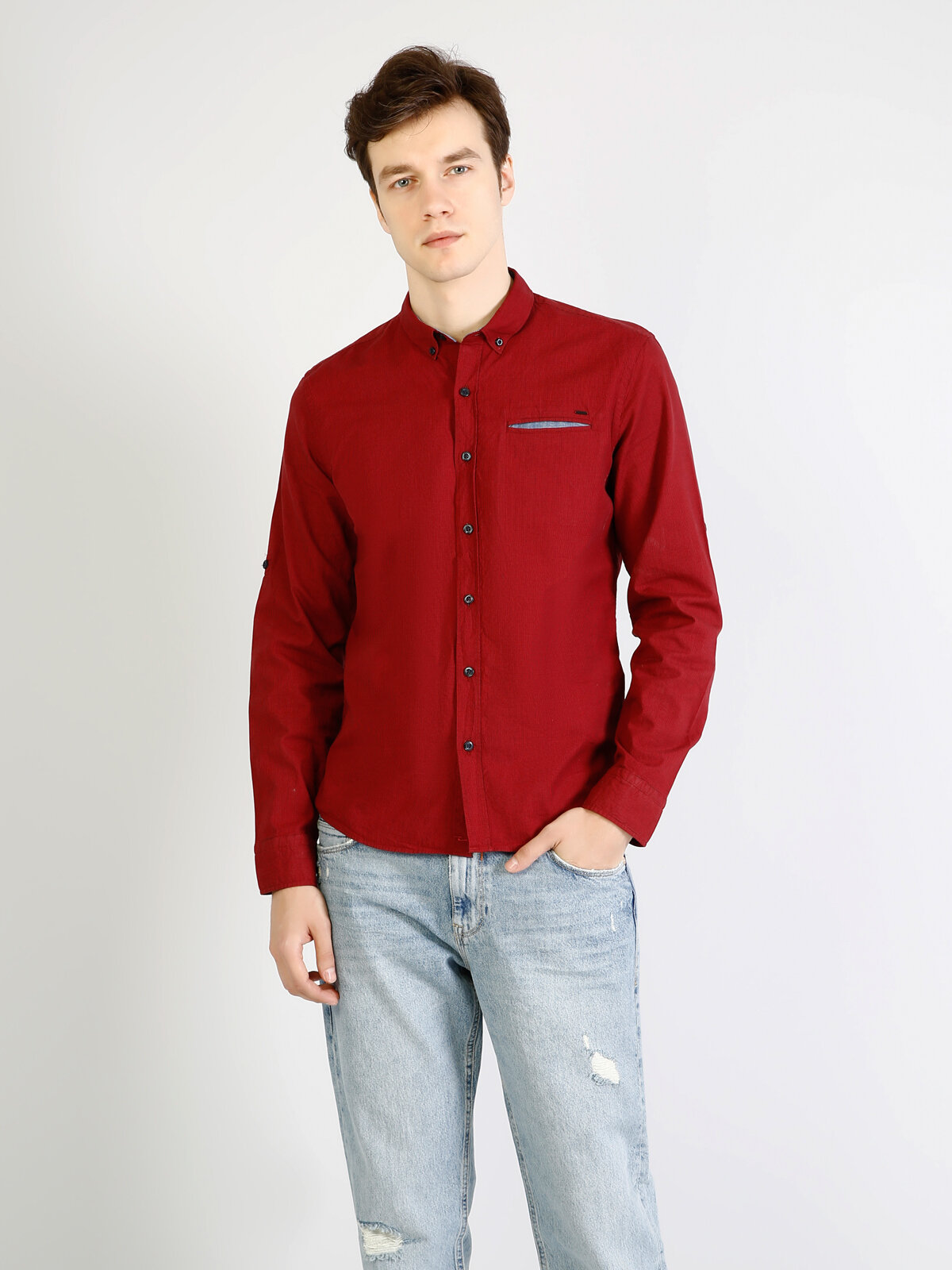 Colins Modern Fit Shirt Neck Erkek Kırmızı Uzun Kol Gömlek. 4