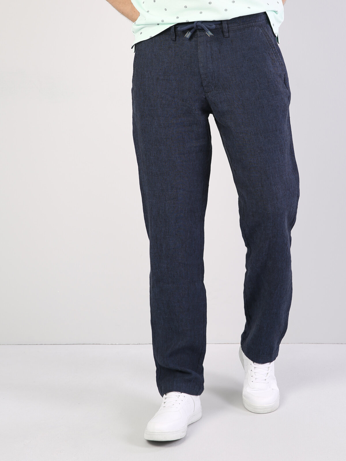 Colins Regular Fit Orta Bel Düz Paça Erkek Lacivert Keten Pantolon. 1