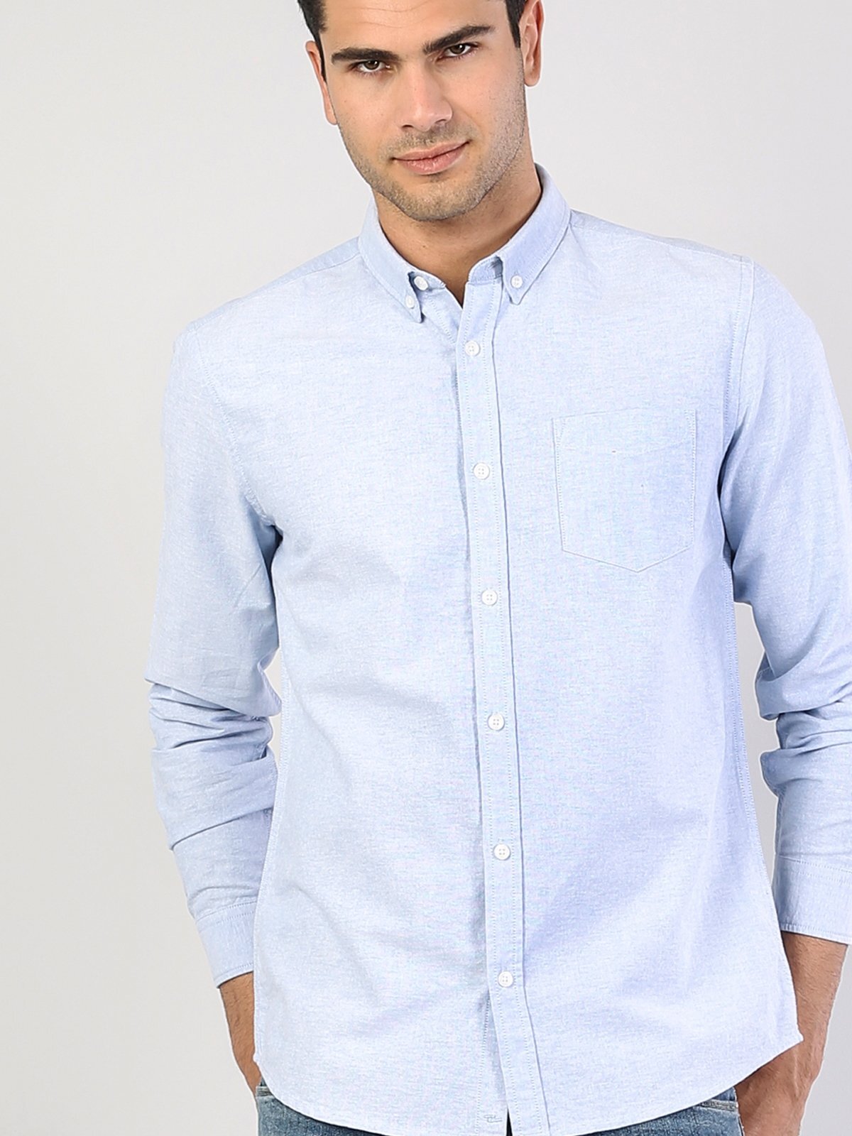 Colins Regular Fit Shirt Neck Erkek Mavi Uzun Kol Gömlek. 1