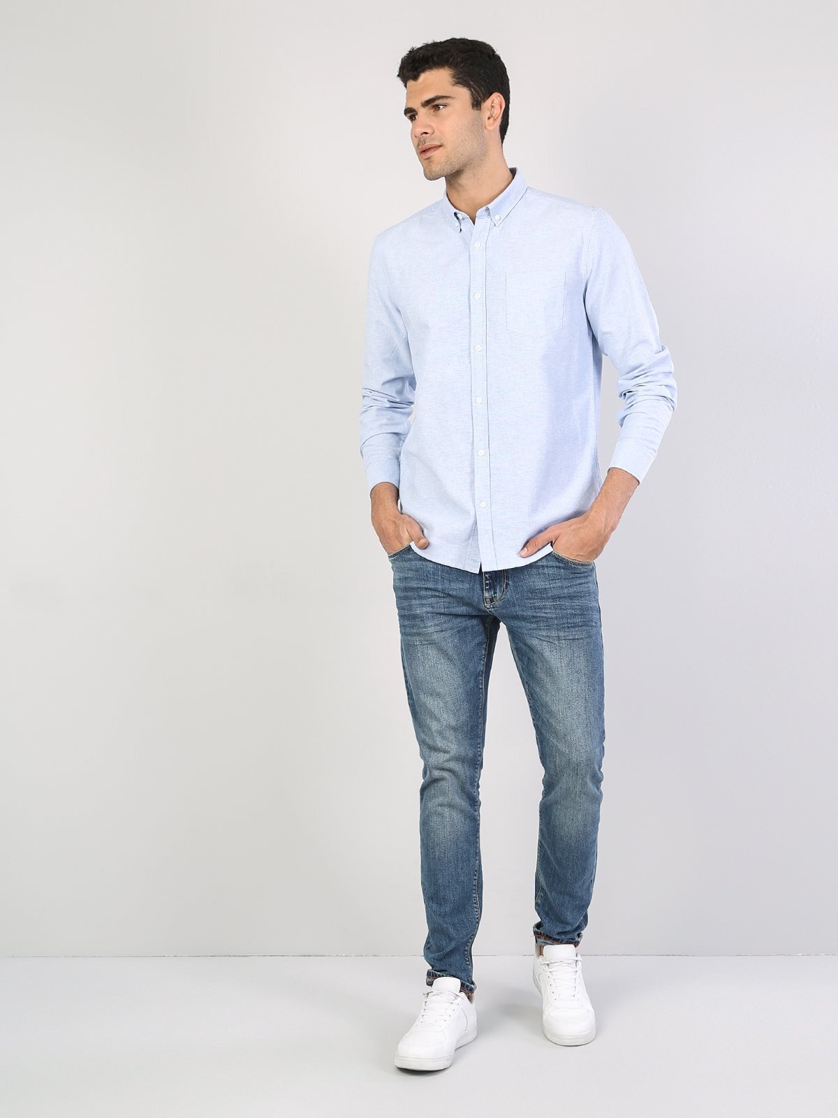Colins Regular Fit Shirt Neck Erkek Mavi Uzun Kol Gömlek. 3
