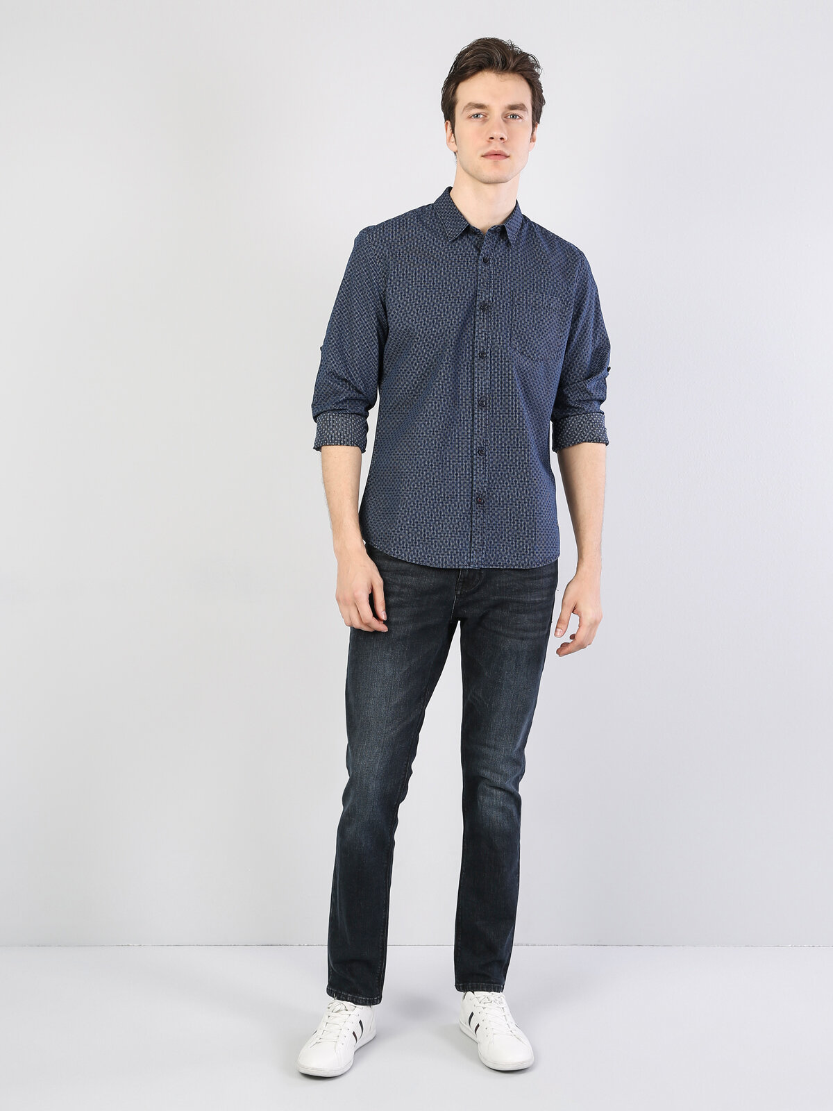 Colins Modern Fit Shirt Neck Erkek Lacivert Uzun Kol Gömlek. 3