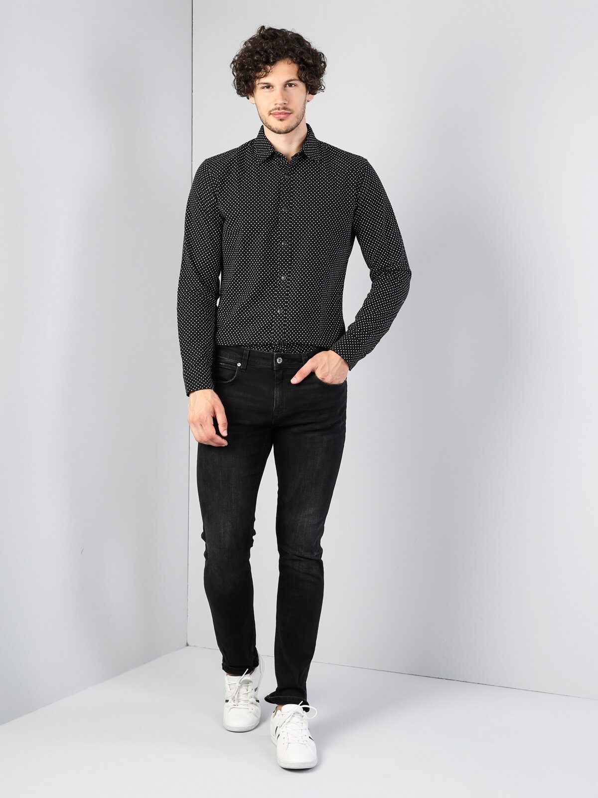 Colins Modern Fit Shirt Neck Erkek Siyah Uzun Kol Gömlek. 3
