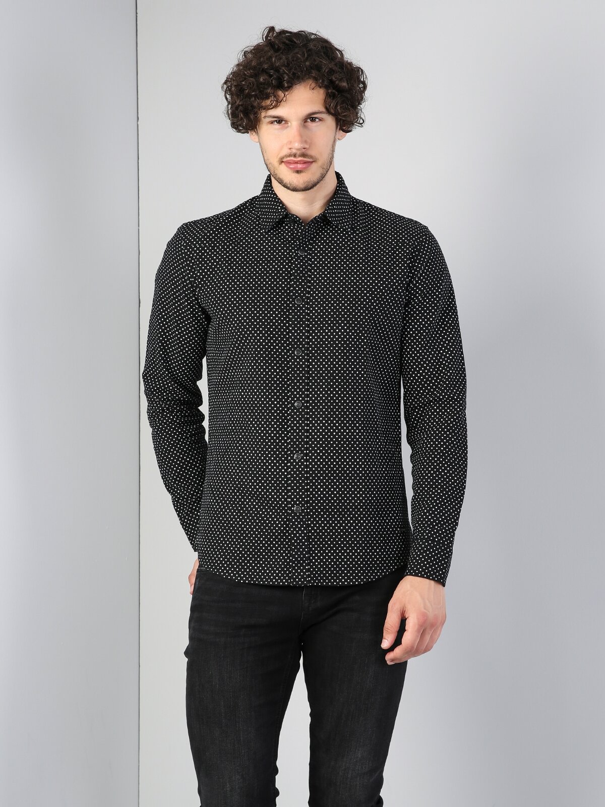 Colins Modern Fit Shirt Neck Erkek Siyah Uzun Kol Gömlek. 4