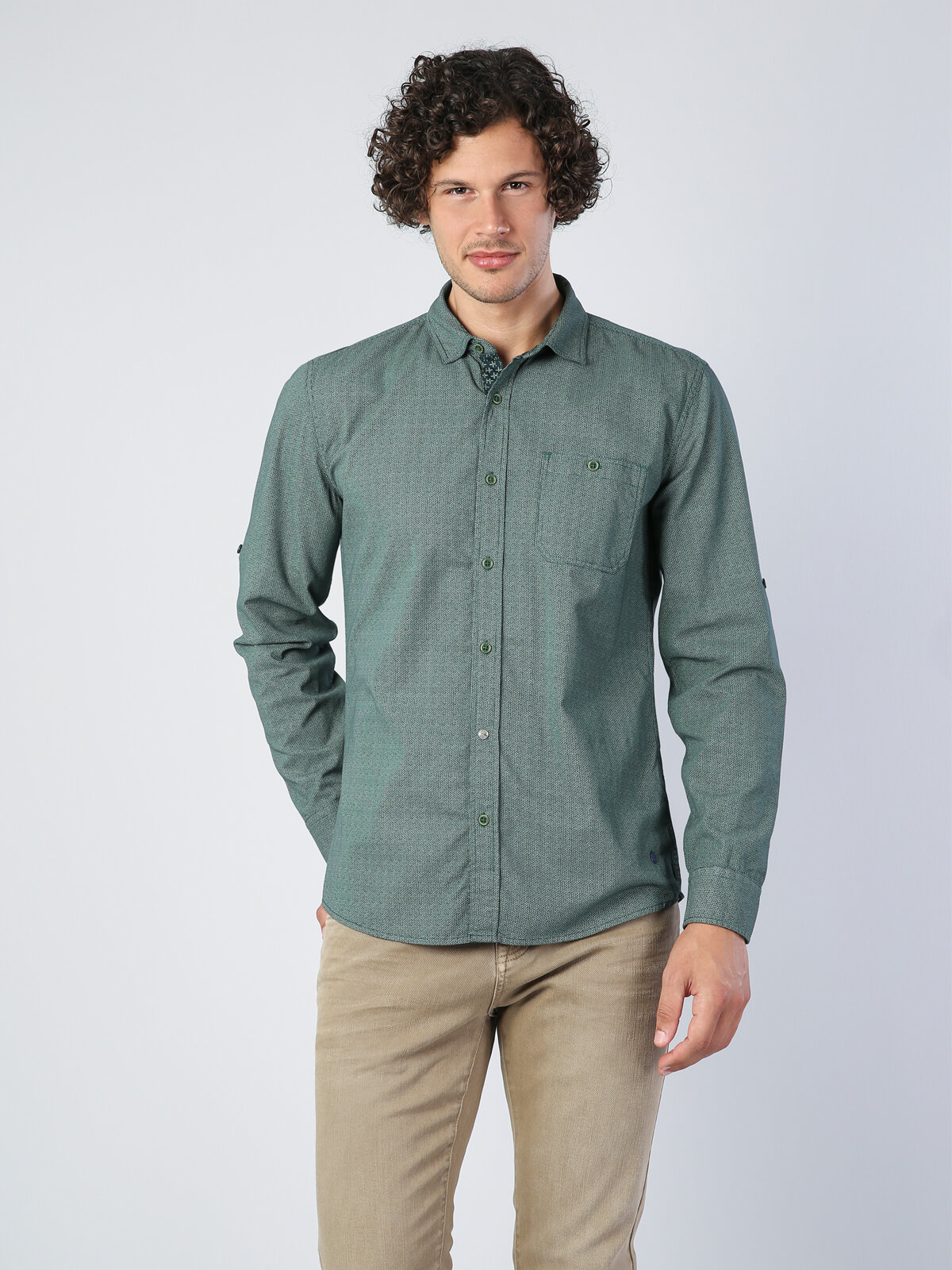 Colins Kol Katlamalı Klasik Yaka Yeşil Uzun Kol Gömlek. 4