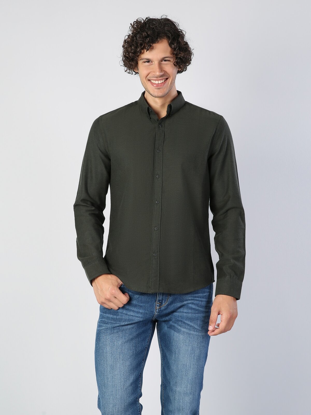 Colins Modern Fit Shirt Neck Erkek Koyu Yeşil Uzun Kol Gömlek. 4