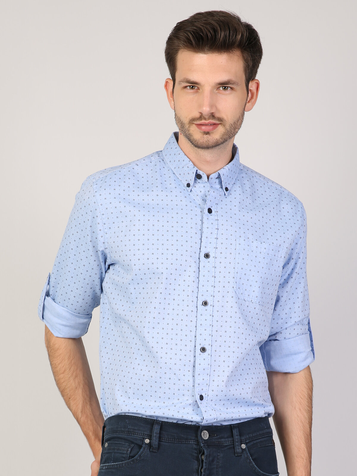 Colins Regular Fit Shirt Neck Erkek Mavi Uzun Kol Gömlek. 1