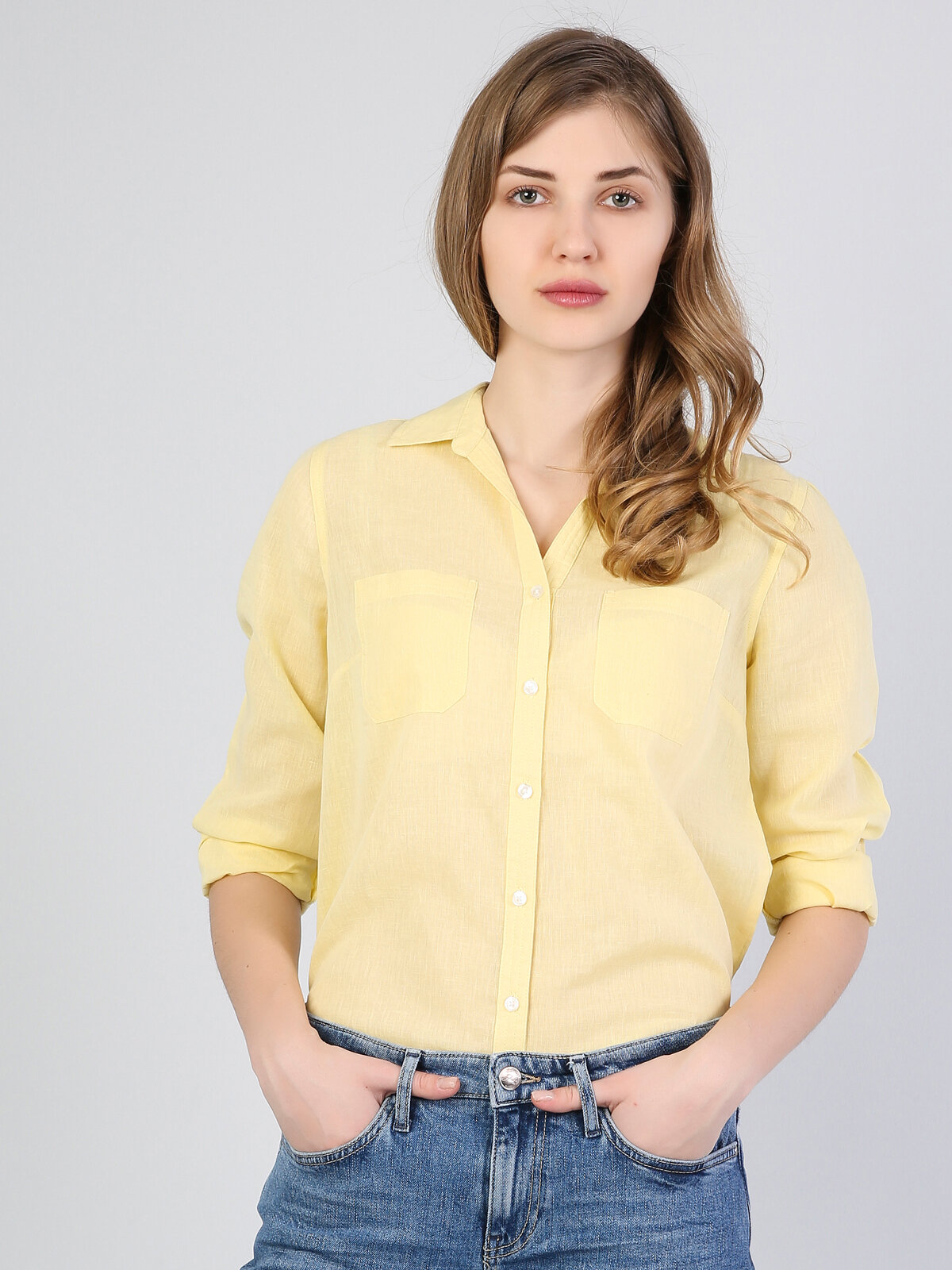 Colins Basic Cepli Regular Fit Sarı Kadın Uzun Kol Gömlek. 1