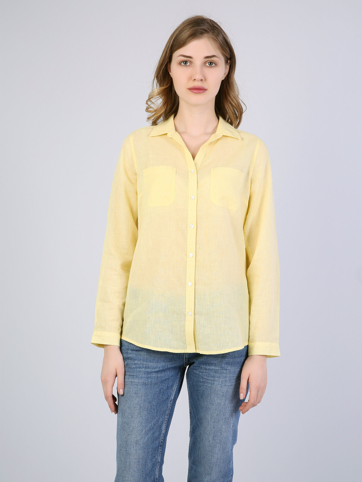 Colins Basic Cepli Regular Fit Sarı Kadın Uzun Kol Gömlek. 4
