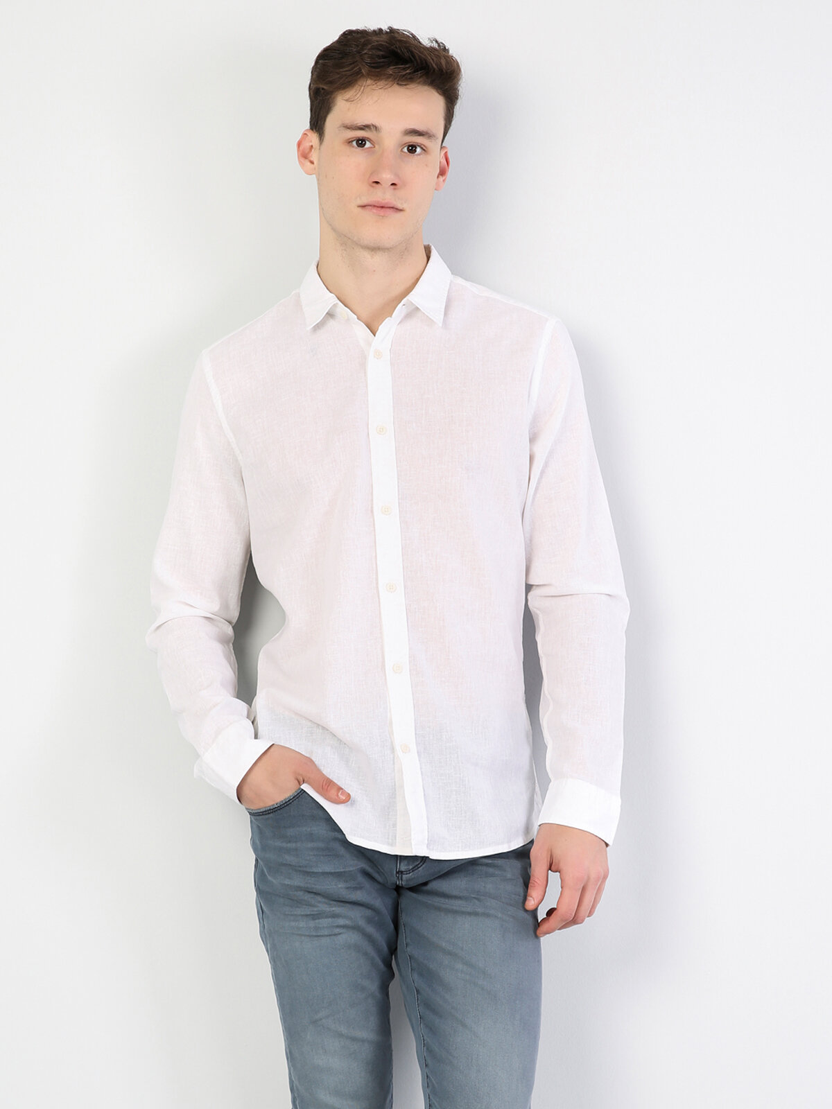 Colins Slim Fit Shirt Neck Erkek Beyaz Uzun Kol Gömlek. 4