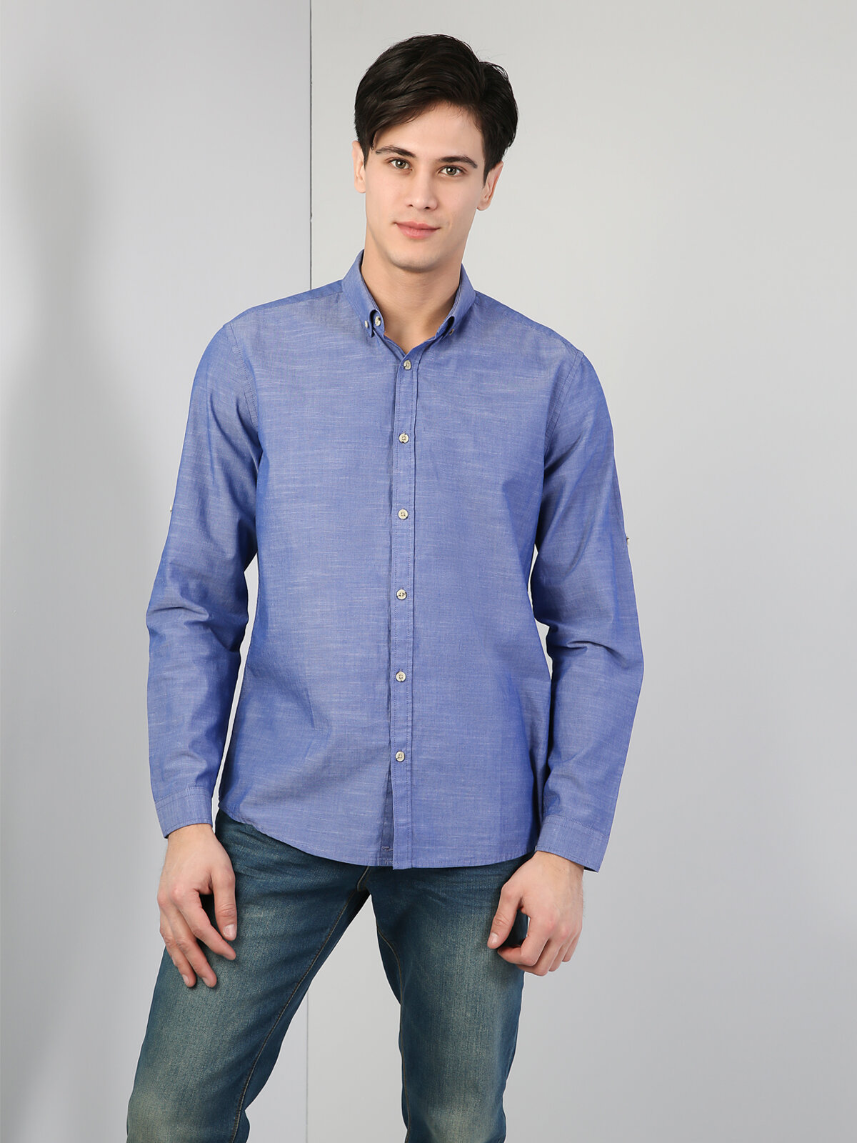 Colins Regular Fit Shirt Neck Erkek Mavi Uzun Kol Gömlek. 4