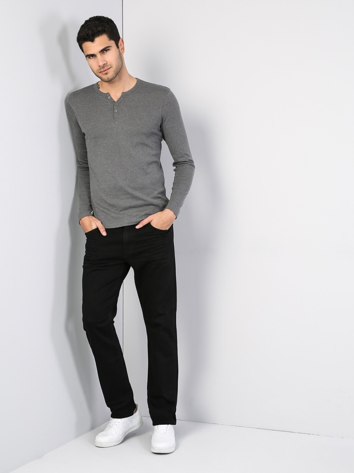 Colins Slim Fit Placket Neck Erkek Antra Melanj Uzun Kol Tişört. 3 Colins Slim Fit Placket Neck Erkek Antra Melanj Uzun Kol Tişört. 3