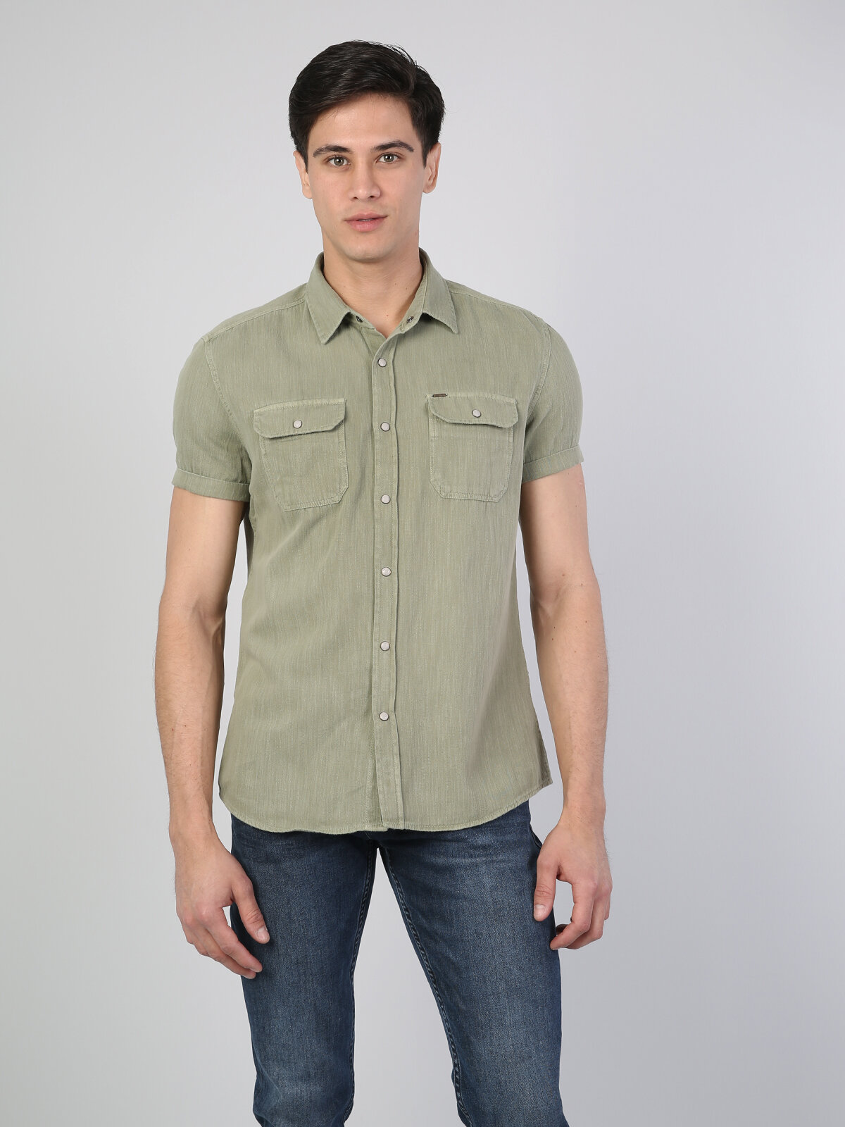 Colins Slim Fit Shirt Neck Erkek Yeşil Kısa Kol Gömlek. 4