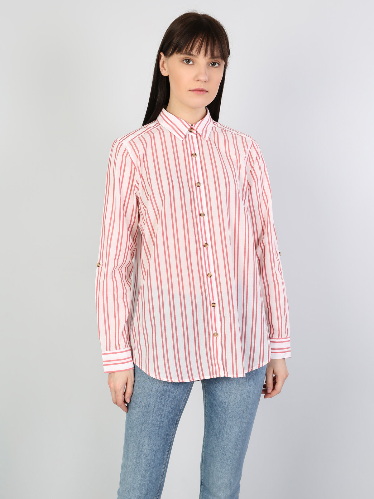 Colins Regular Fit Shirt Neck Kadın Açık Kırmızı Uzun Kol Gömlek. 4