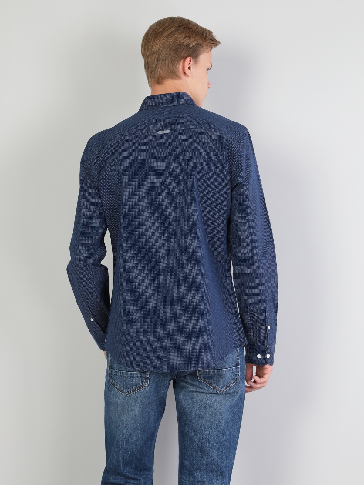 Colins Slim Fit Shirt Neck Erkek Koyu Mavi Uzun Kol Gömlek. 2