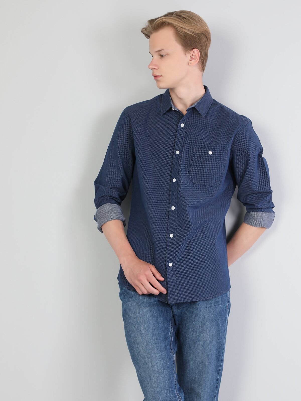 Colins Slim Fit Shirt Neck Erkek Koyu Mavi Uzun Kol Gömlek. 3