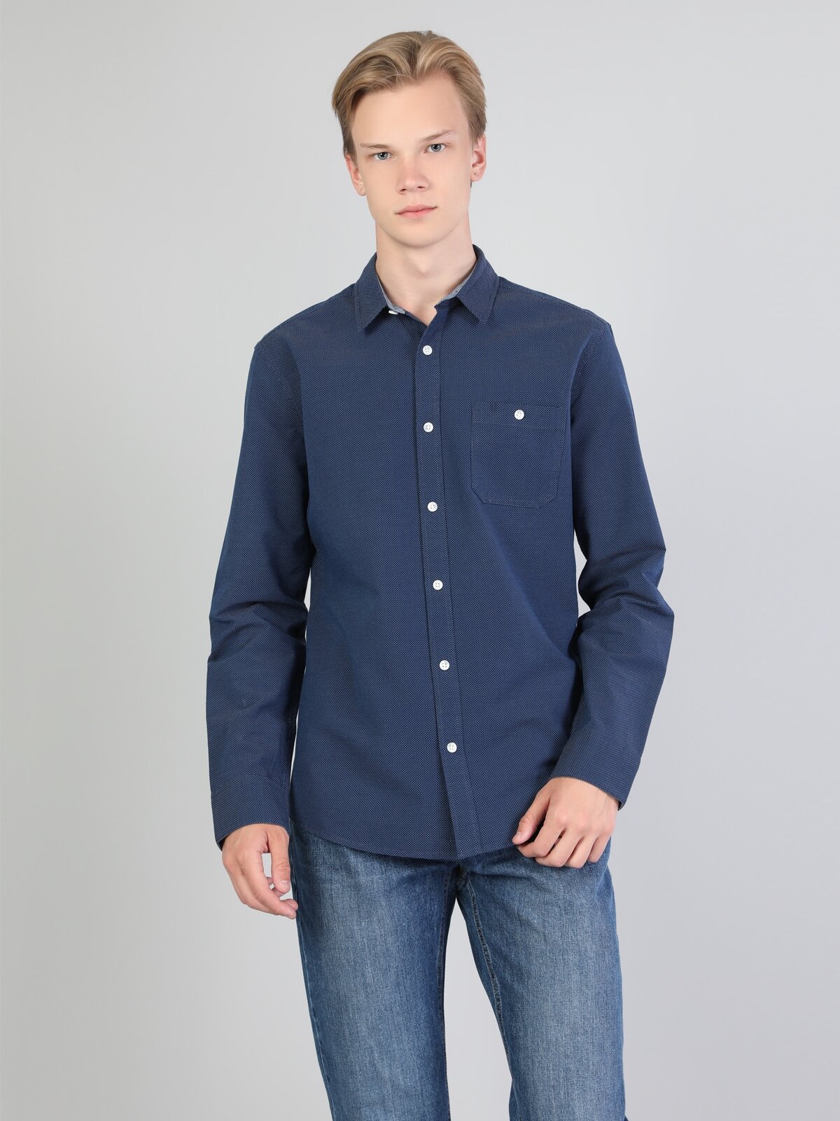 Colins Slim Fit Shirt Neck Erkek Koyu Mavi Uzun Kol Gömlek. 4
