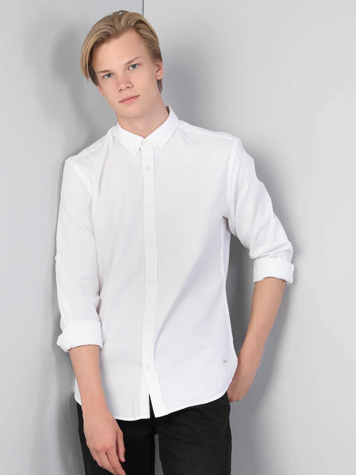 Colins Modern Fit Shirt Neck Erkek Beyaz Uzun Kol Gömlek. 1