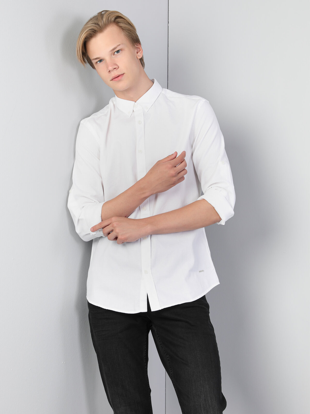 Colins Modern Fit Shirt Neck Erkek Beyaz Uzun Kol Gömlek. 3