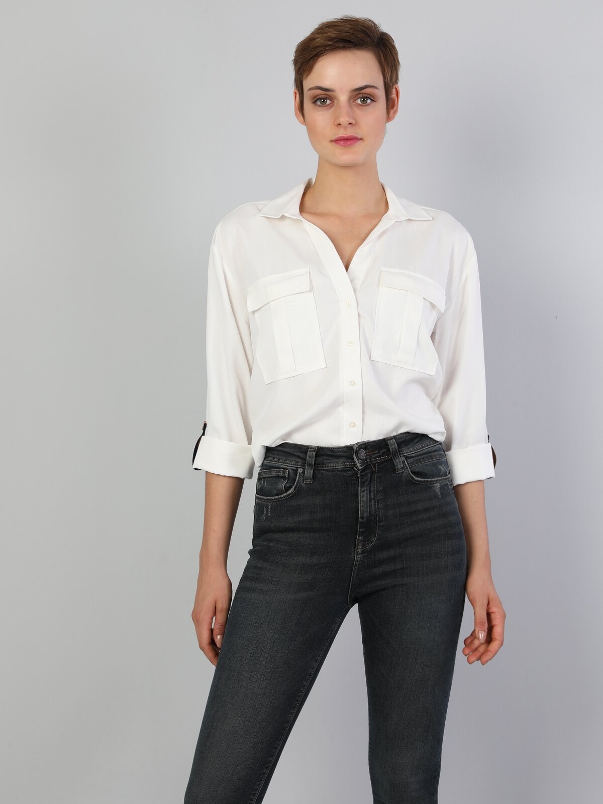 Colins Regular Fit Shirt Neck Kadın Beyaz Uzun Kol Gömlek. 3