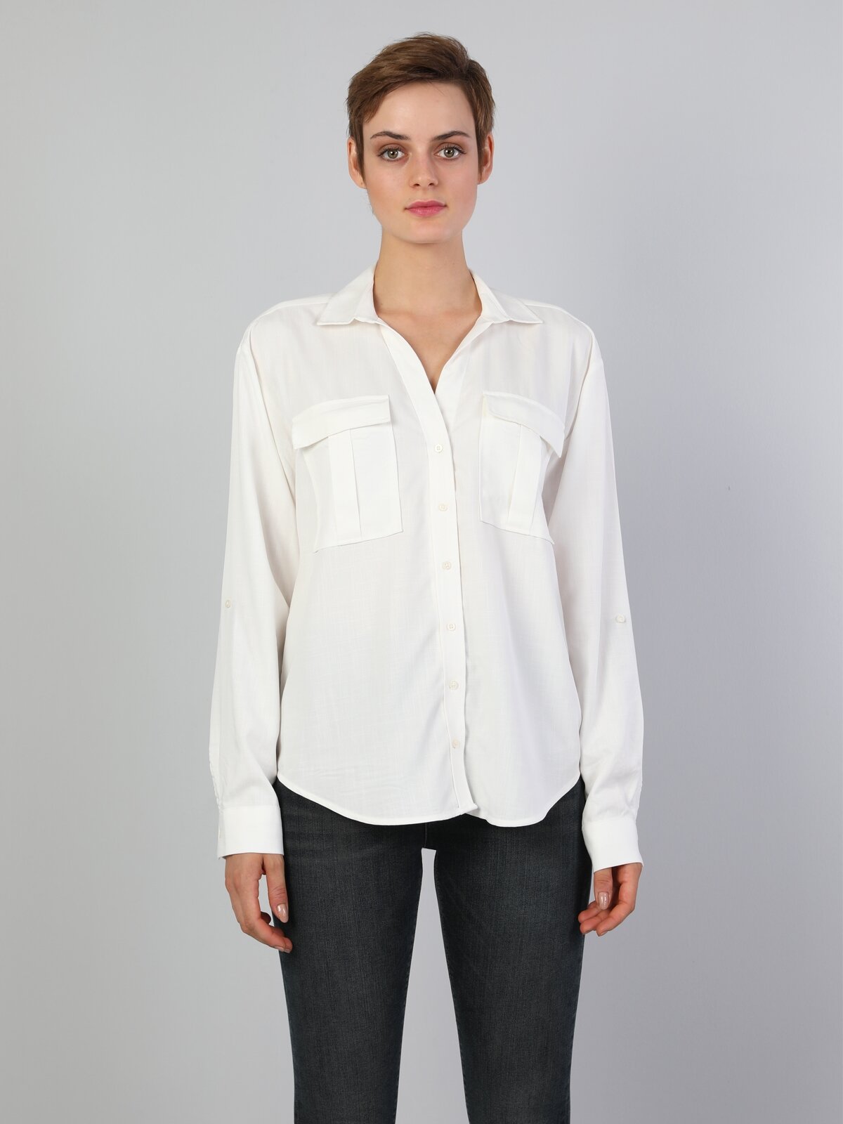 Colins Regular Fit Shirt Neck Kadın Beyaz Uzun Kol Gömlek. 4