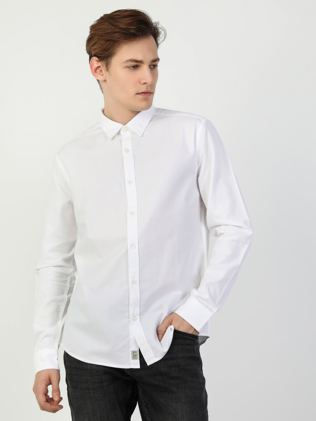 Colins Slim Fit Shirt Neck Erkek Beyaz Uzun Kol Gömlek. 1