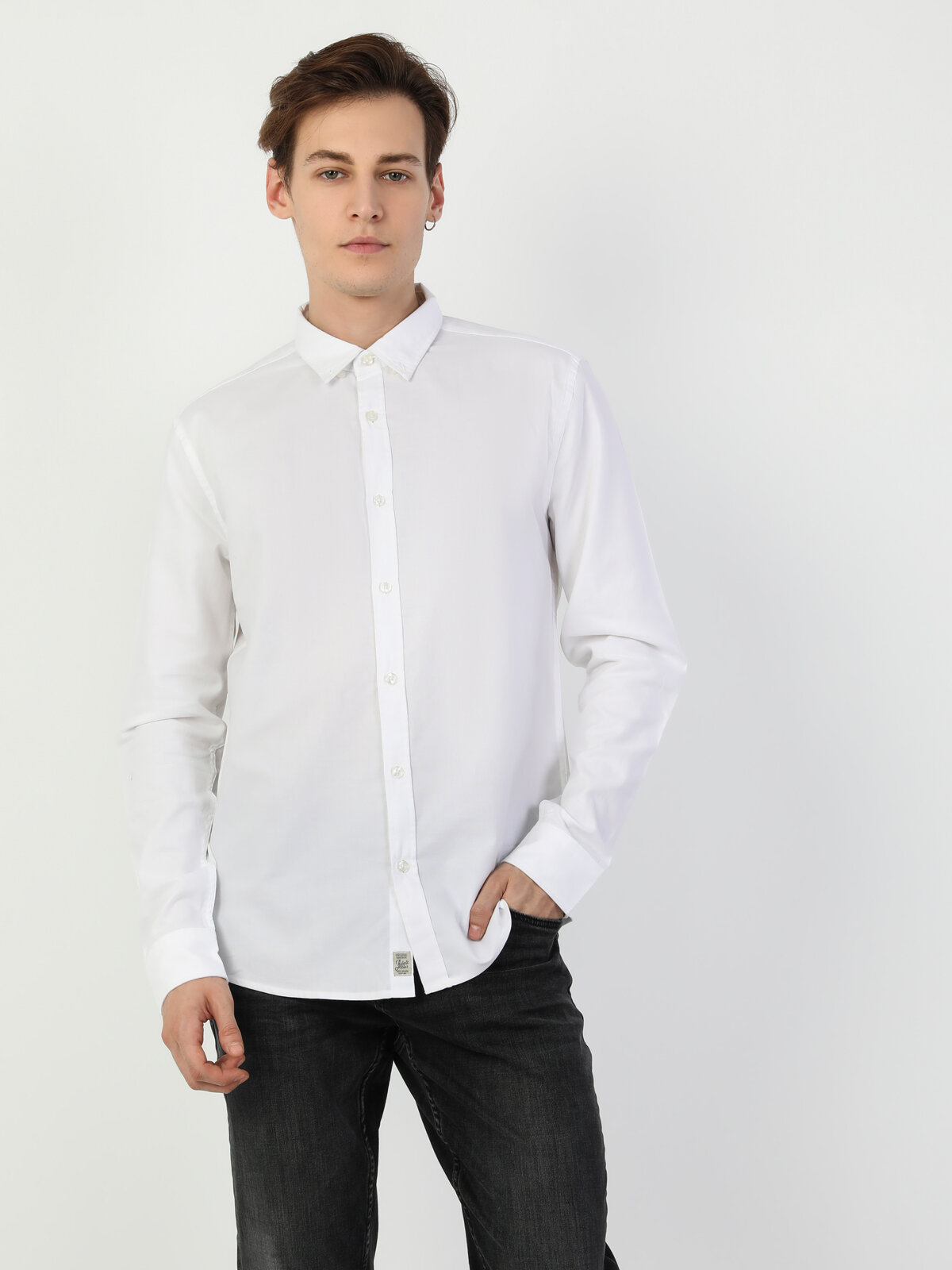 Colins Slim Fit Shirt Neck Erkek Beyaz Uzun Kol Gömlek. 3