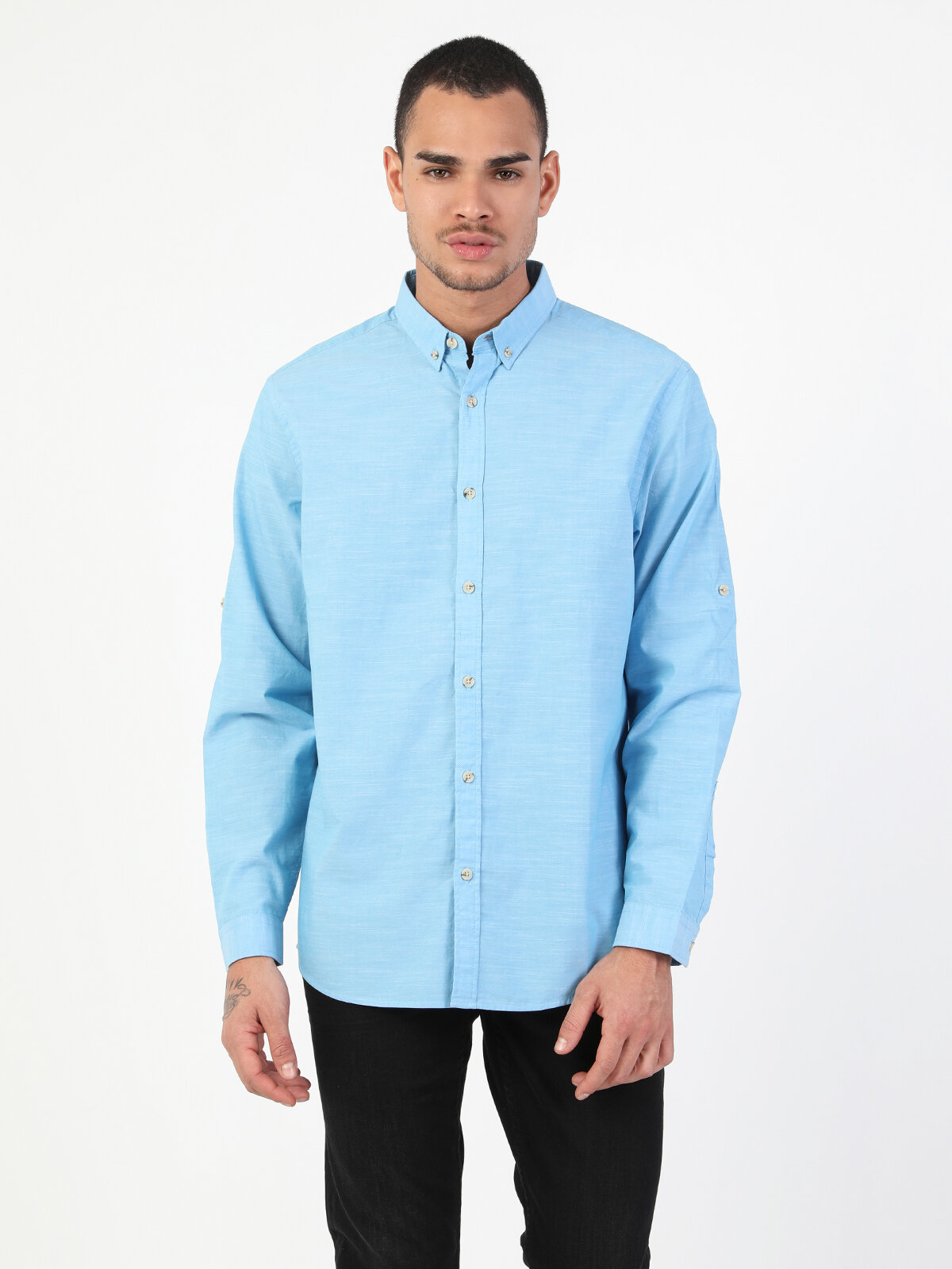 Colins Regular Fit Shirt Neck Erkek Açık Mavi Uzun Kol Gömlek. 4