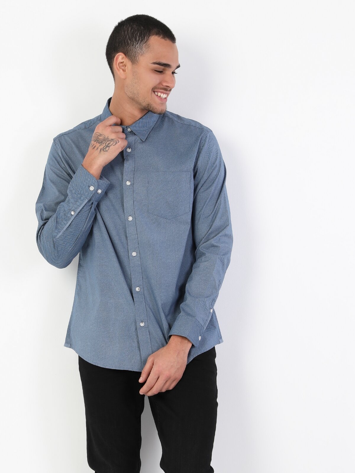 Colins Slim Fit Shirt Neck Erkek Mavi Uzun Kol Gömlek. 3
