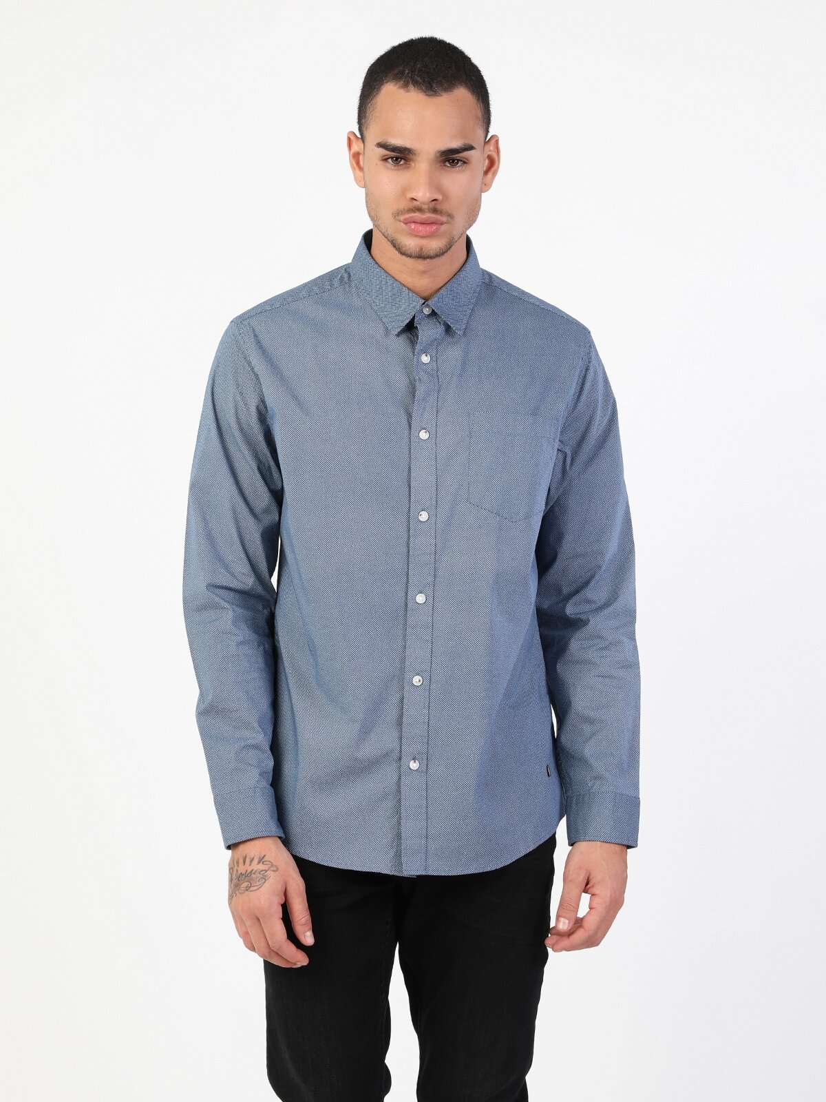 Colins Slim Fit Shirt Neck Erkek Mavi Uzun Kol Gömlek. 4