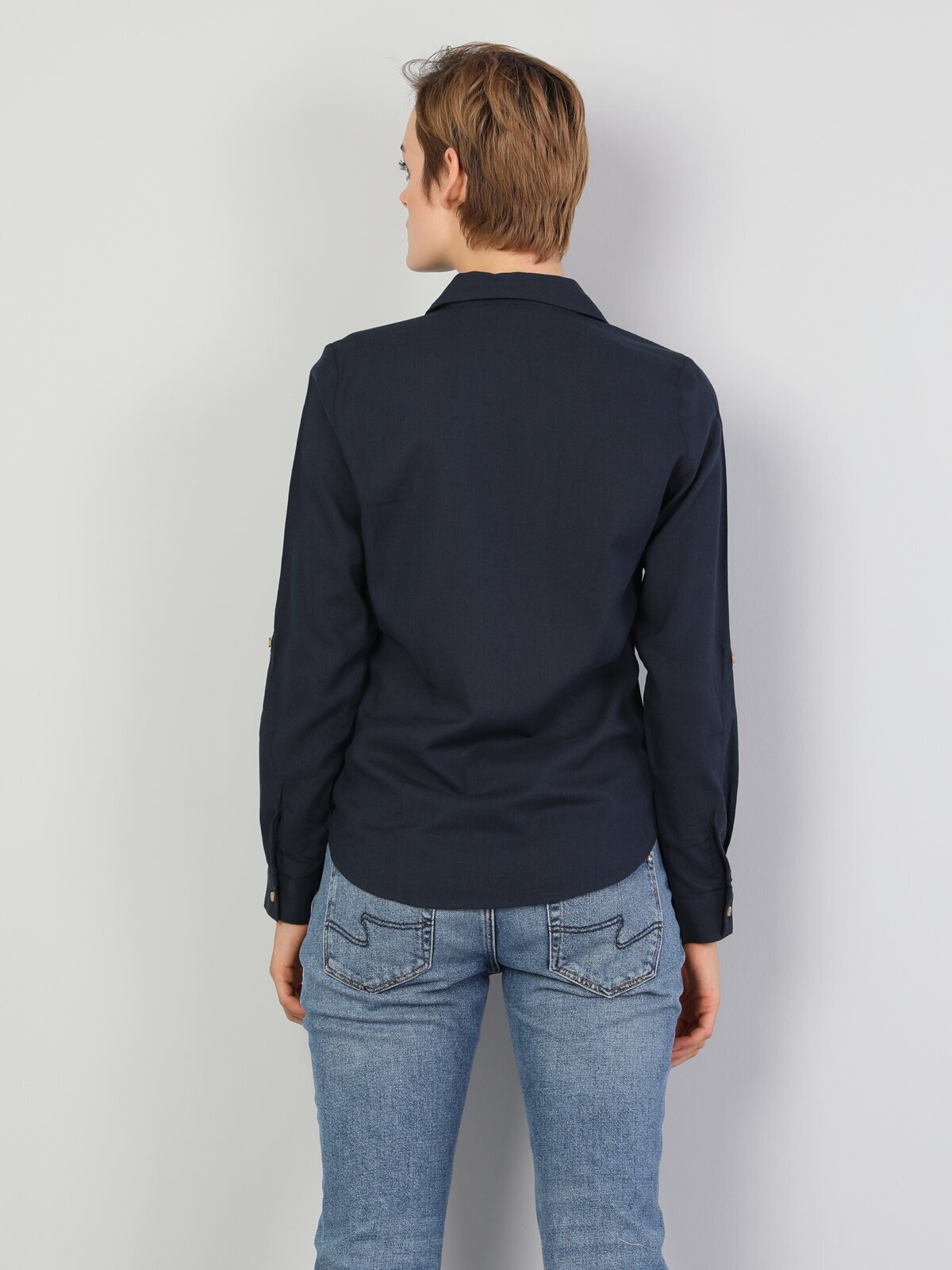 Colins Slim Fit Shirt Neck Kadın Lacivert Uzun Kol Bluz. 2