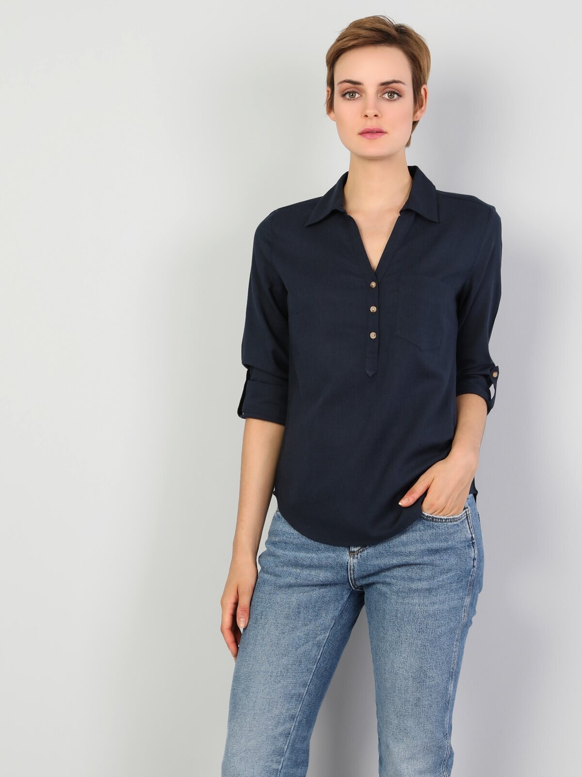 Colins Slim Fit Shirt Neck Kadın Lacivert Uzun Kol Bluz. 3