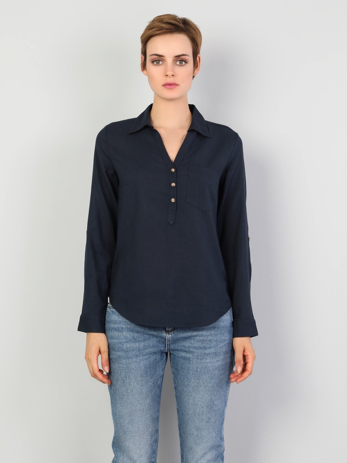 Colins Slim Fit Shirt Neck Kadın Lacivert Uzun Kol Bluz. 4