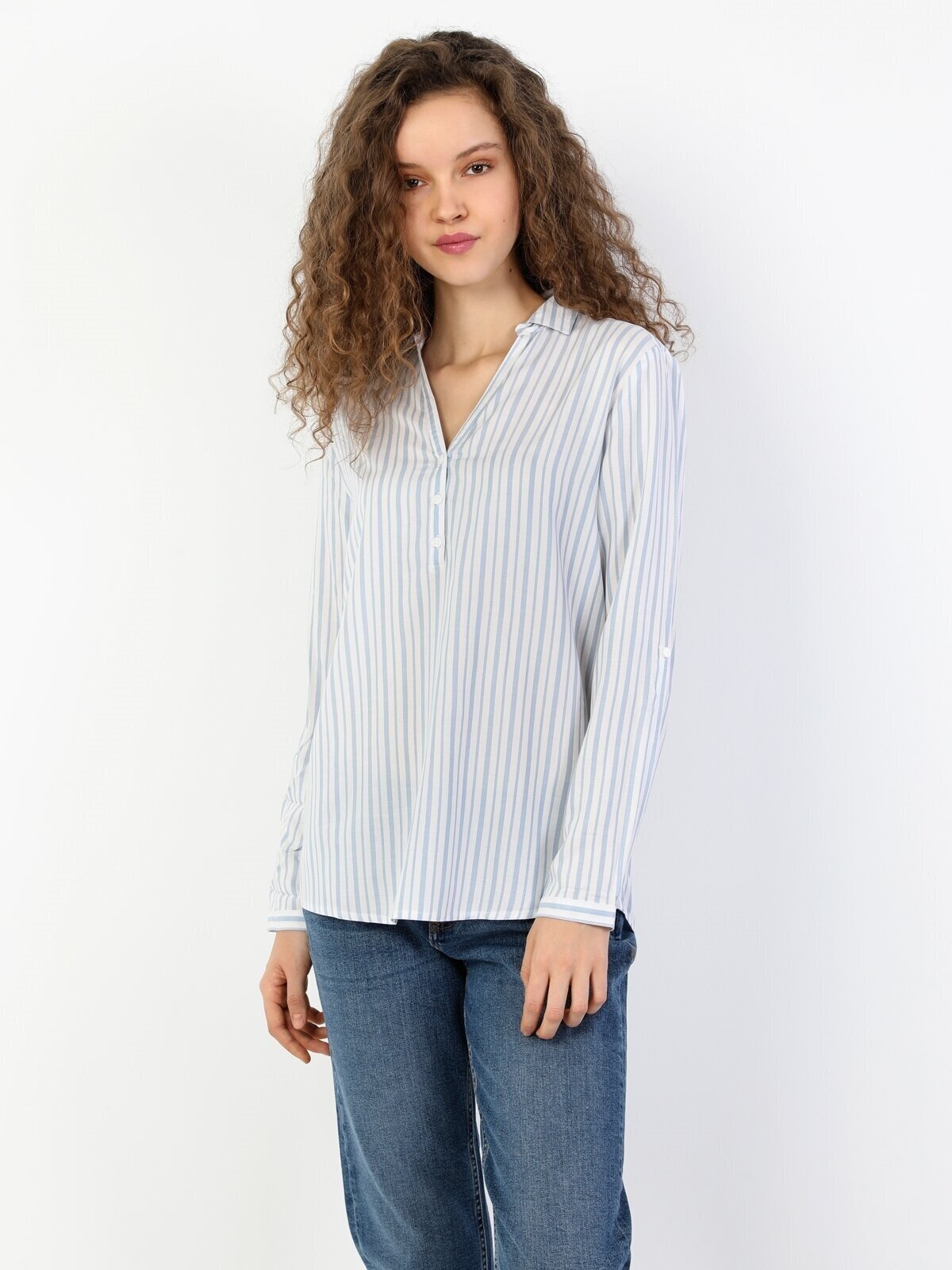 Colins Regular Fit Shirt Neck Kadın Mavi Uzun Kol Bluz. 4