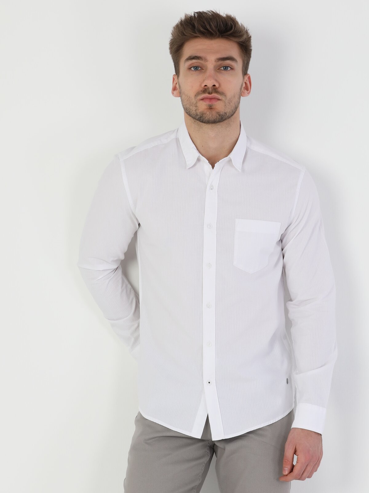 Colins Slim Fit Shirt Neck Erkek Beyaz Uzun Kol Gömlek. 1