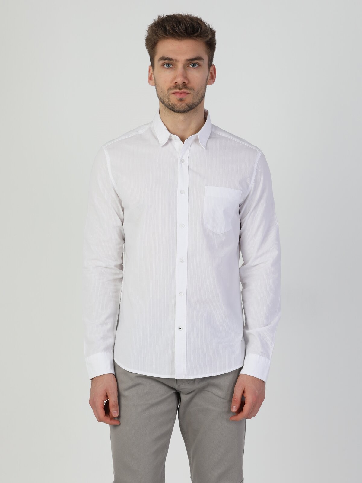 Colins Slim Fit Shirt Neck Erkek Beyaz Uzun Kol Gömlek. 4
