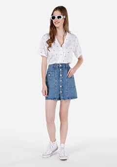 Slim Fit Düz Düğmeli Denim Etek