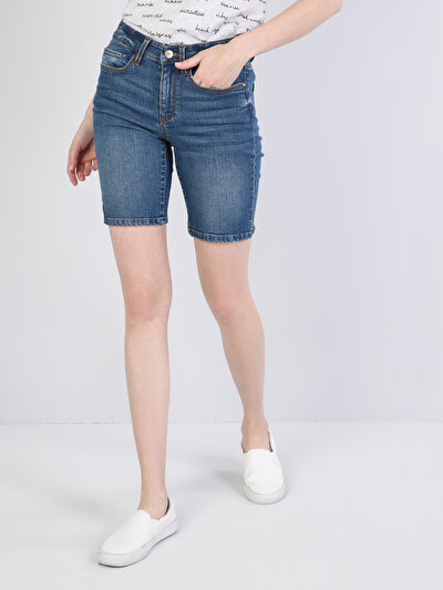 Colins  Orta Bel Orta Super Slim Fit Mavi Kadın Jean Şort. 2