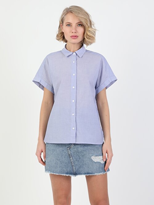  Regular Fit Shirt Neck Kadın Mavi Kısa Kol Gömlek