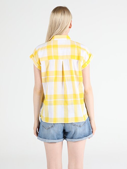  Regular Fit Shirt Neck Kadın Sarı Kısa Kol Gömlek