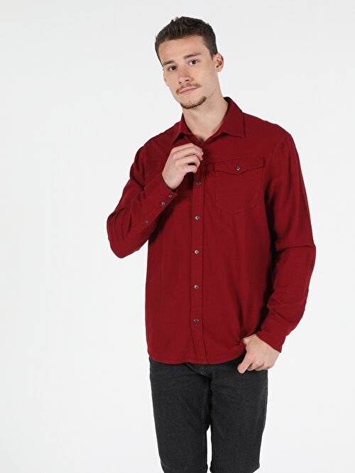  Regular Fit Shirt Neck Erkek Kırmızı Uzun Kol Gömlek