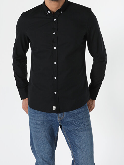  Slim Fit Shirt Neck Erkek Siyah Uzun Kol Gömlek
