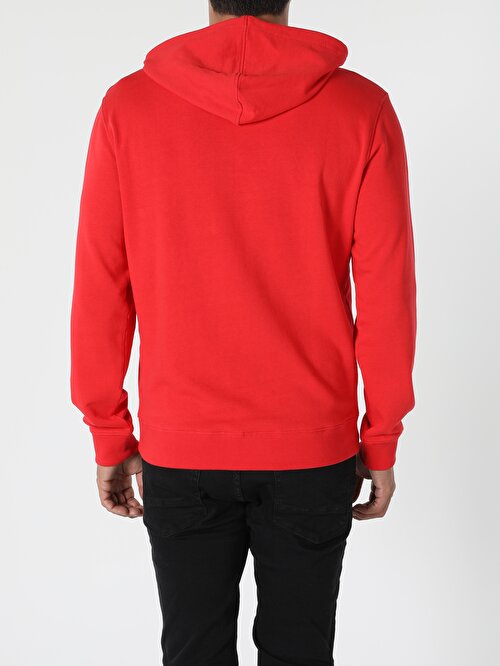 Regular Fit Kapüşonlu Baskılı Kırmızı Erkek Sweatshirt