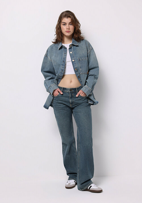 COLIN'S Straight Fit Orta Bel Tam Boy Paça Kadın Green Cast Denim