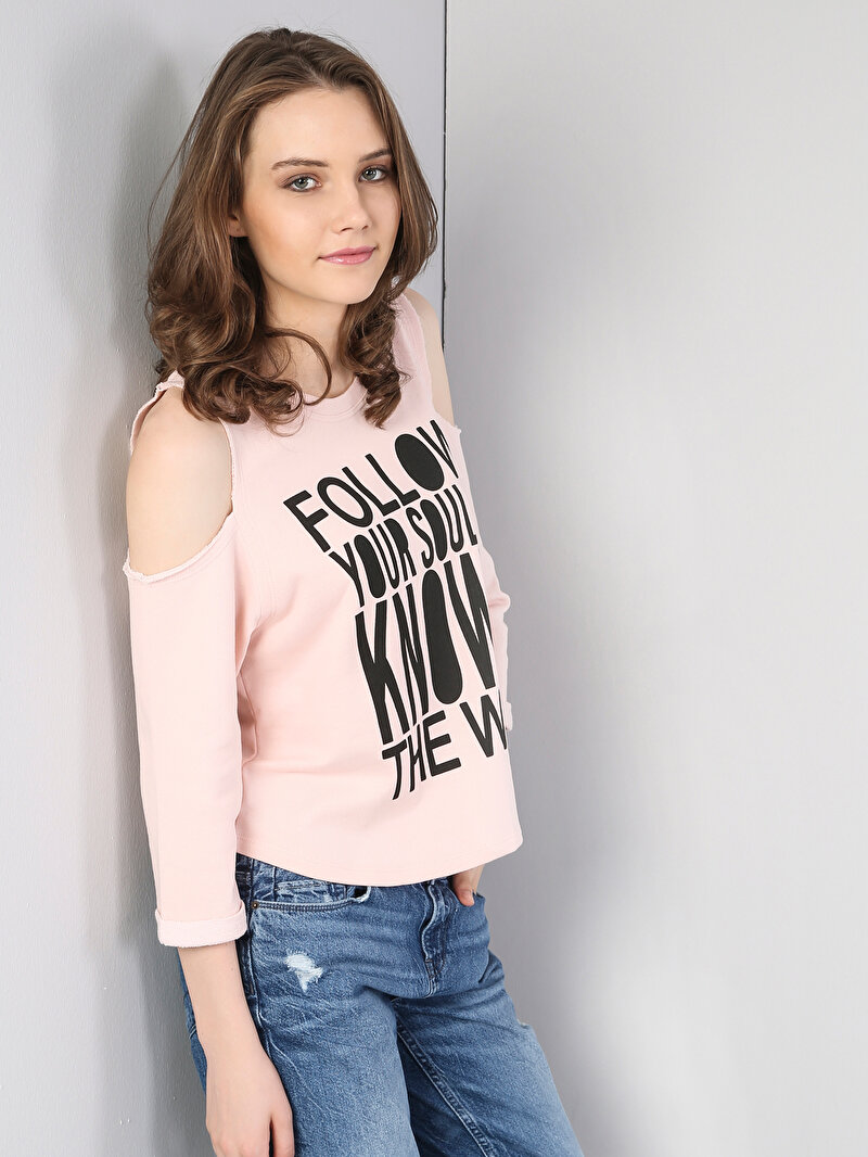 Pembe Omuz Dekolteli Baskılı Uzun Kol Sweatshirt